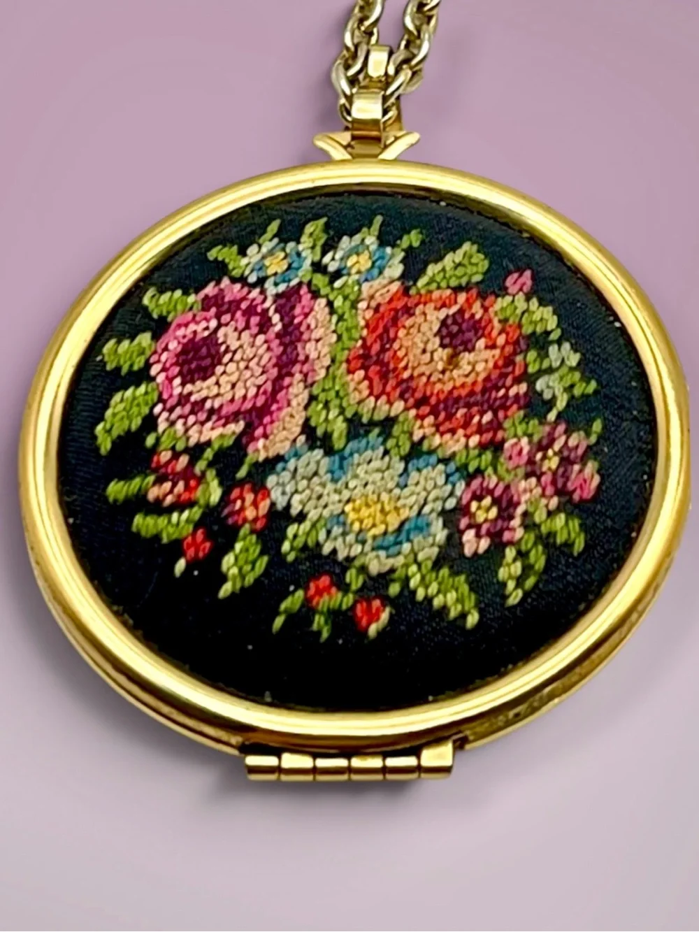 Vintage 1977 Avon Needlepoint Floral Locket Necklace Gold Tone